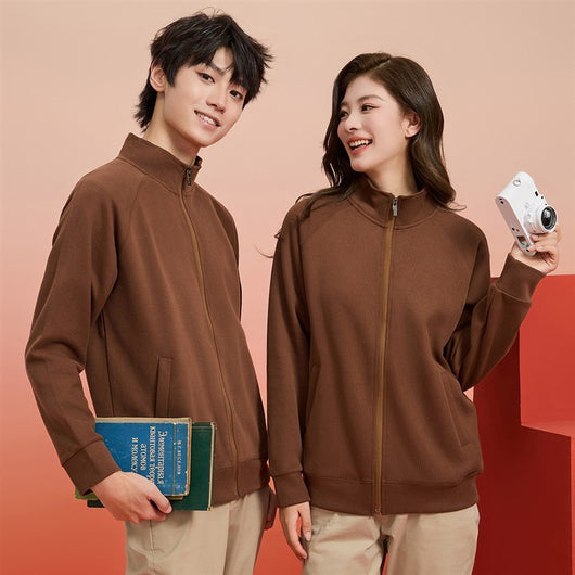 Purple full-zip jacket with a stand-up collar, raglan sleeves, and front pockets, displayed on a hanger. - Image 15