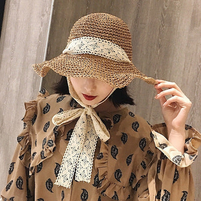 Sombrero de Paja Plegable Estilo Coreano con Encaje