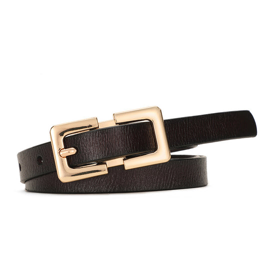 Thin dark brown cowhide leather belt with a gold-colored rectangular pin buckle on a white background. - Image 7