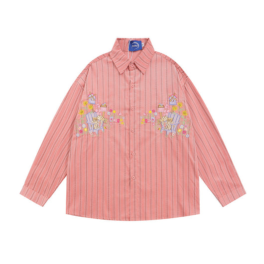 Camisa Casual de Rayas Verticales con Bordados Estilo Street American - Image 5