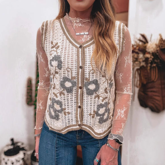Chaleco Cropped Calado con Bordado para Mujer