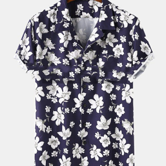 Camisa Estampada Floral Durazno para Hombre - Manga Corta Transpirable