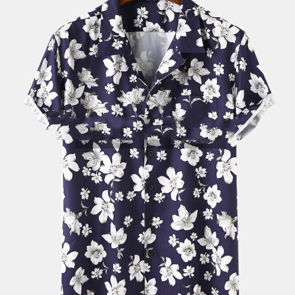 Camisa Estampada Floral Durazno para Hombre - Manga Corta Transpirable