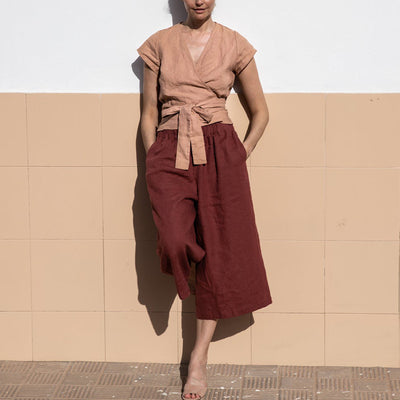 Blusa Lino Algodón con Cuello V y Cordones - Manga Corta para Mujer - Image 2
