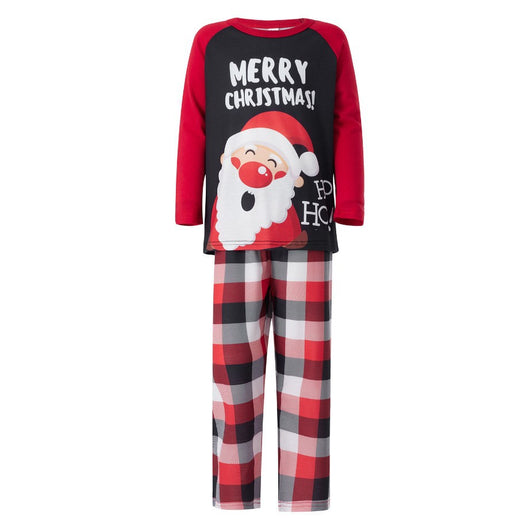 Family matching Christmas pajamas with Santa Claus graphic and "Merry Christmas!" text on black and red tops, paired with red and black plaid pants. - Image 4