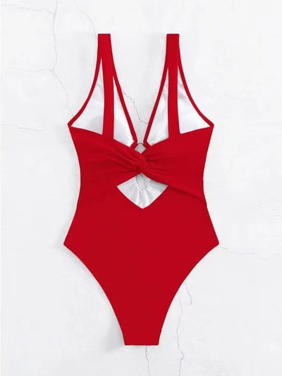 Women's lavender one-piece swimsuit with a deep V-neck, silver O-ring detail, and a keyhole cutout at the bust. - Image 12