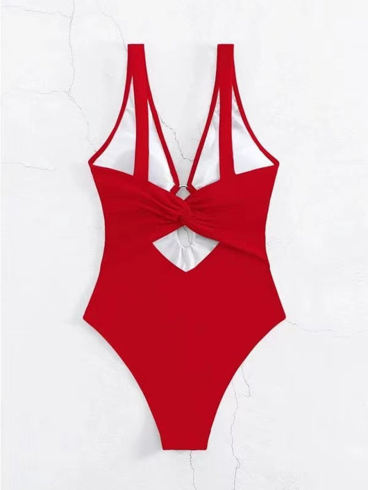 Women's lavender one-piece swimsuit with a deep V-neck, silver O-ring detail, and a keyhole cutout at the bust. - Image 12