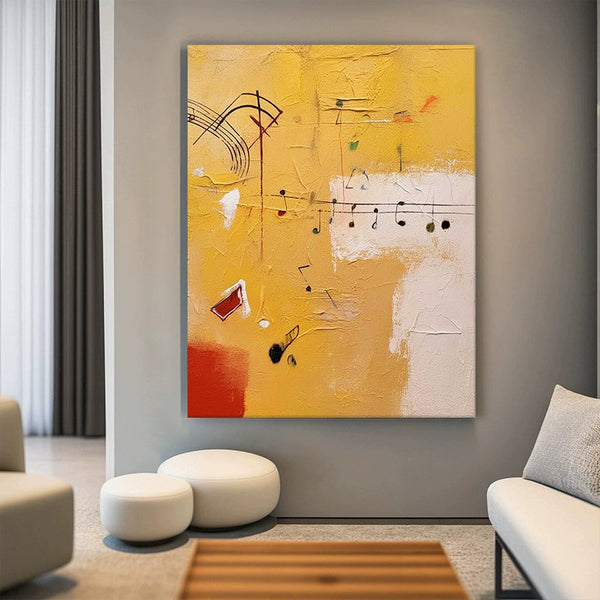 Cuadro Abstracto Moderno Tema Musical - Pintura al Óleo Artesanal Naranja para Sala de Estar