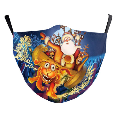 White Christmas dust mask with a digital print of a tabby cat wearing a red Santa hat and a large red bow. - Image 4