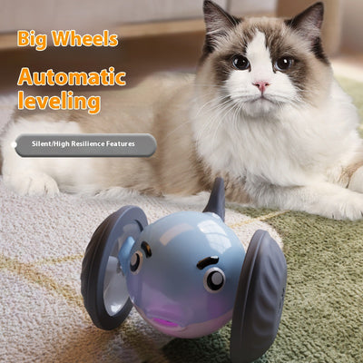 Yellow and white pet toy resembling a pufferfish with large gray wheels, designed for interactive play. - Image 3