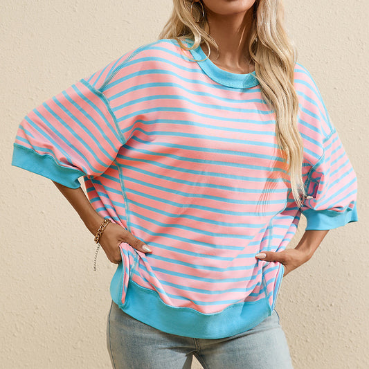 Playera Manga Corta Rayas con Combinación de Colores para Mujer