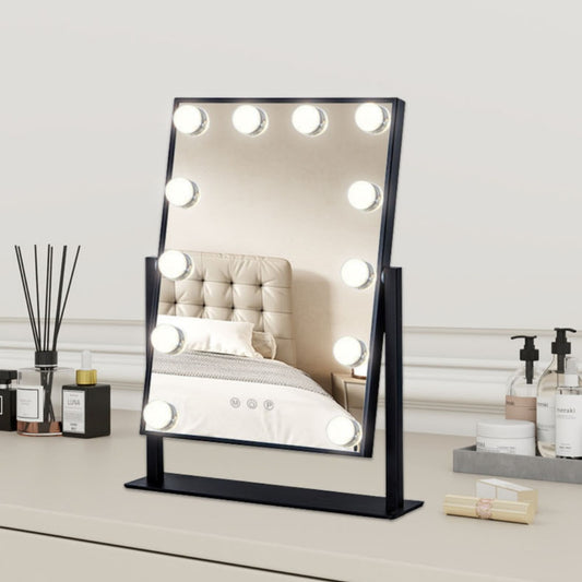 Black desktop LED light mirror with nine bright bulbs, smart touch controls, and stepless dimming for dressing.
