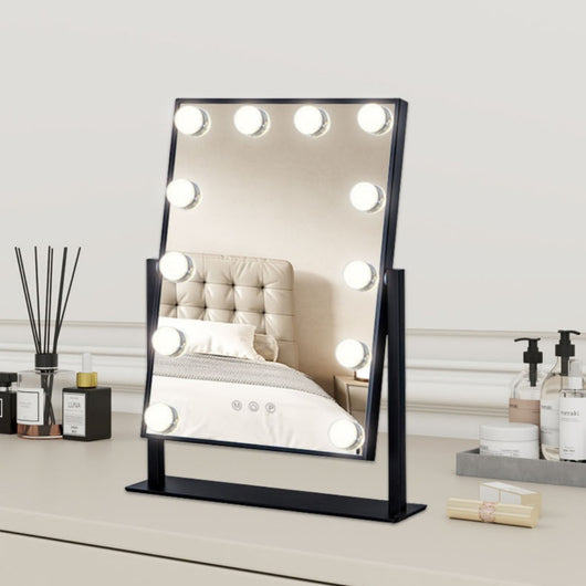 Black desktop LED light mirror with nine bright bulbs, smart touch controls, and stepless dimming for dressing.