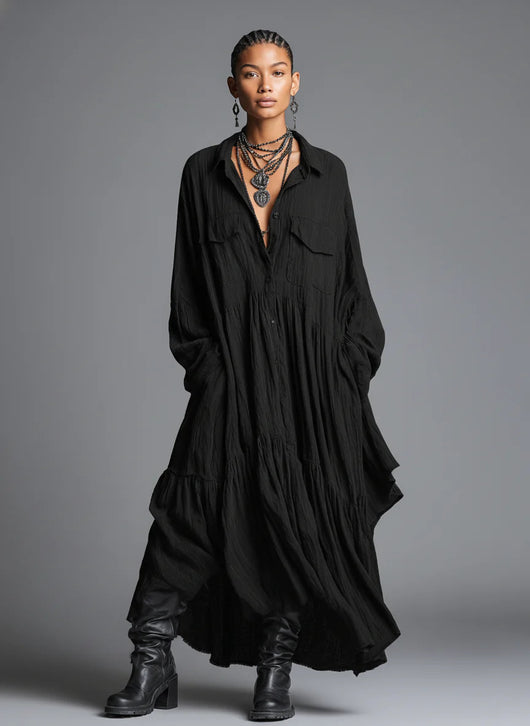 Vestido Camisero Retro Plisado Manga Larga Oversize - Image 6