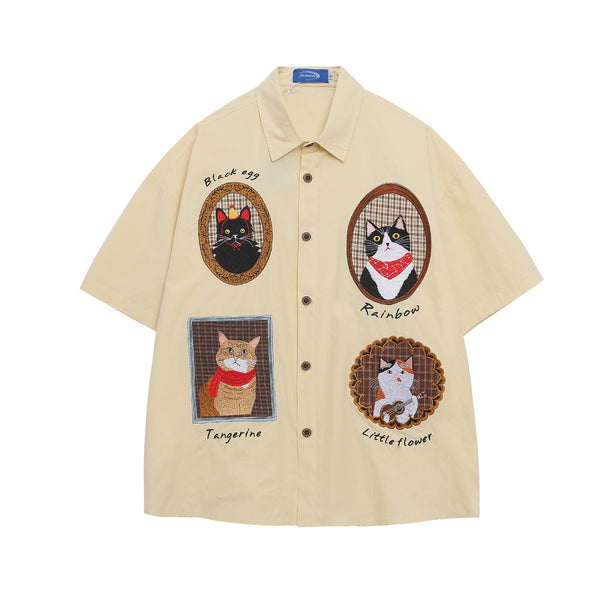 Playera Holgada con Bordado de Gato Estilo Vintage Manga Corta