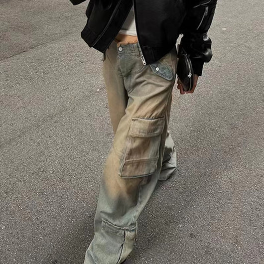 Jeans Sueltos Tiro Bajo Efecto Desgastado con Bolsillos y Costuras Decorativas - Image 4