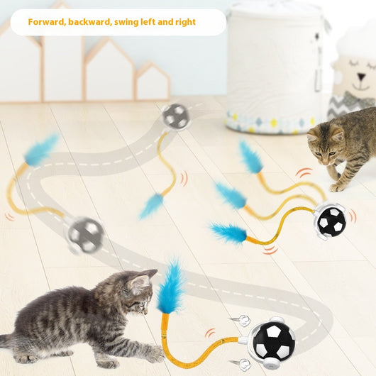 Interactive cat toy with a blue and white soccer ball, a flexible yellow rod with bells, and a blue feather. - Image 3