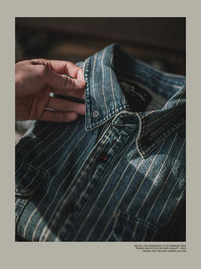 Camisa Denim Vintage a Rayas Verticales Manga Larga para Hombre - Image 14