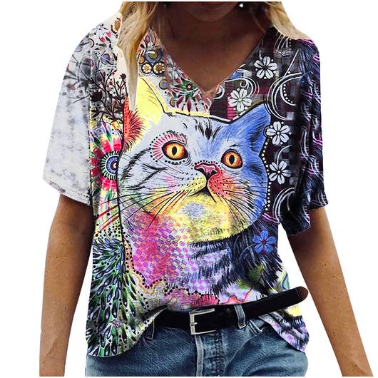Blusa Estampada Cuello V Suelta Manga Corta para Mujer - Image 5