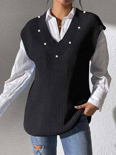 Chaleco Tejido con Perlas en Escote V - Elegancia Minimalista - Image 14