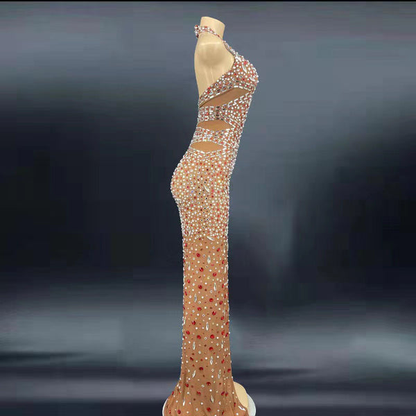 Vestido de Gala Escote Espalda Descubierta con Cristales y Brillantes