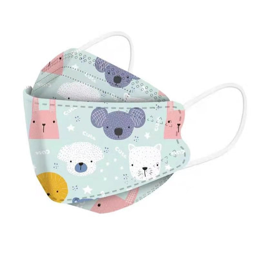 White children's KN95 mask with a cute cartoon pattern of blue bunnies, pink bears, trees, and flowers. - Image 2