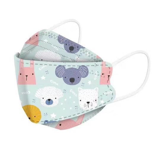 White children's KN95 mask with a cute cartoon pattern of blue bunnies, pink bears, trees, and flowers. - Image 2