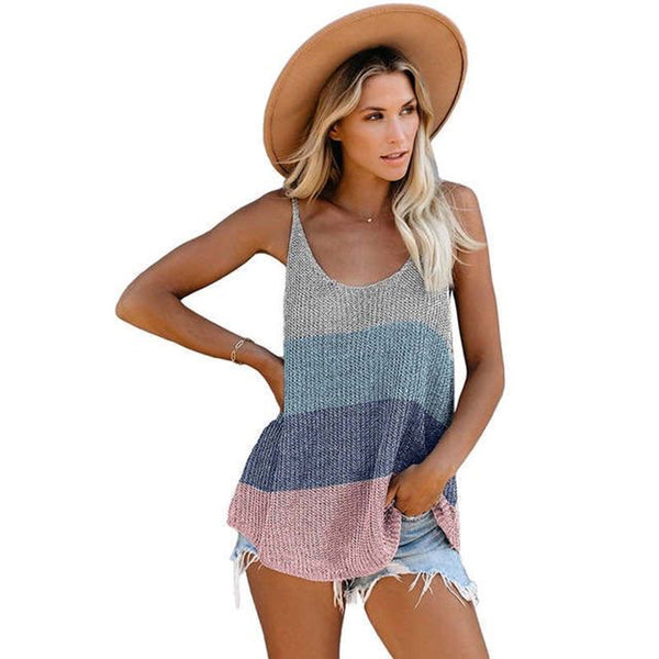 Blusa Suelta de Punto con Contraste de Colores y Cuello en U