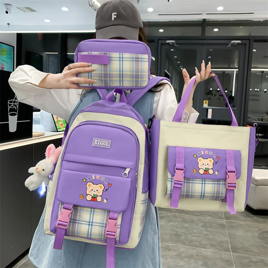 Mochila Escolar de Tres Piezas a Cuadros con Gran Capacidad - Image 12