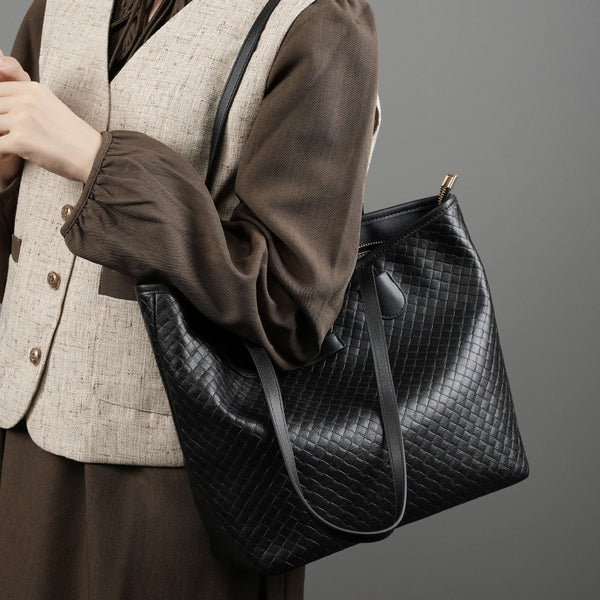 Bolsa de Cuero Genuino con Tejido - Diseño Versátil de Un Hombro para Mujer