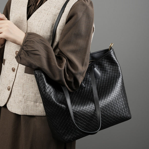 Bolsa de Cuero Genuino con Tejido - Diseño Versátil de Un Hombro para Mujer