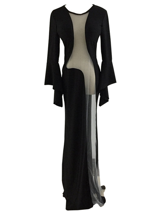 Vestido Largo Ajustado con Manga Larga y Tul Transparente - Image 6