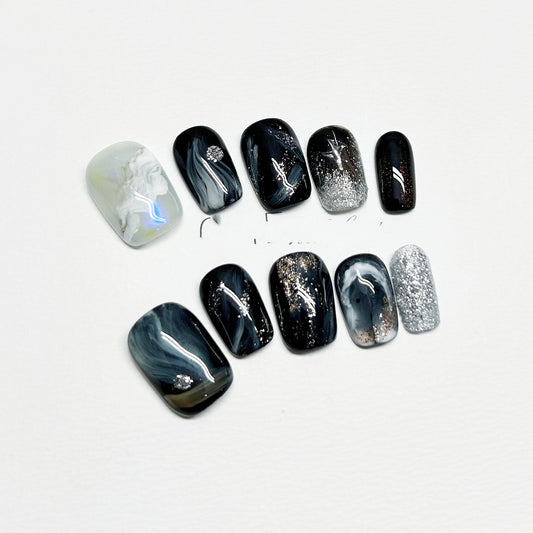 Manicura Cielo Estrellado Artesanal Negro