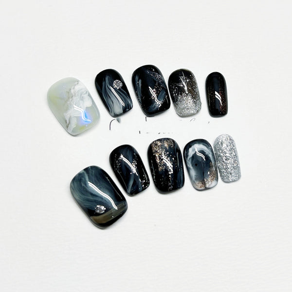 Manicura Cielo Estrellado Artesanal Negro
