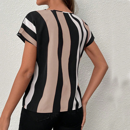 Blusa Rayas Europeas Cuello V Manga Corta - Estilo Verano - Image 3