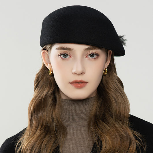 Boina Retro de Lana con Detalles de Plumas para Otoño e Invierno