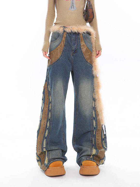 Jeans Deconstructidos Patchwork en Cuero Vintage Lavado Pesado