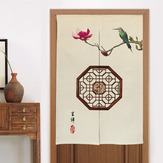 Chinese style fabric door curtain with cherry blossoms, colorful lanterns, and a white cat walking on a beige background. - Image 12