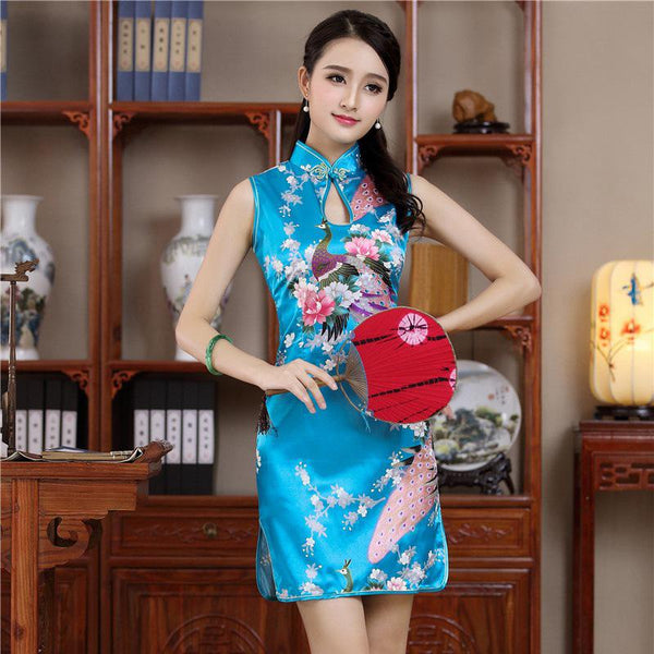 Vestido Cheongsam Estampado Manga Corta Ajustado para Escenario