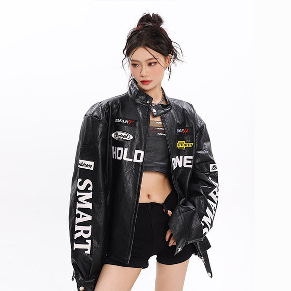 Chaqueta de Motociclismo Holgada con Letras para Mujer