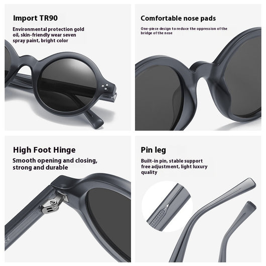 European and American vintage round frame polarized sunglasses with a sand transparent TR90 CAP frame and black and grey lenses. - Image 11
