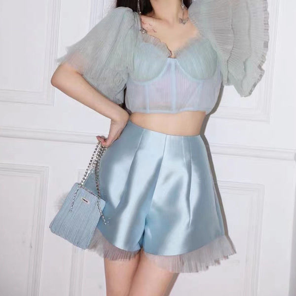 Conjunto Organza Plisada Tipo Tubo Corto - Silueta Esbelta y Piernas Anchas para Mujer