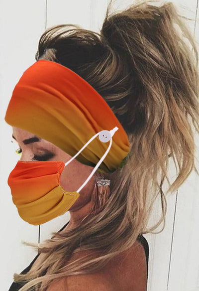 Gradient orange and yellow headband with buttons for attaching a matching pleated face mask, modeled by a woman. - Image 8