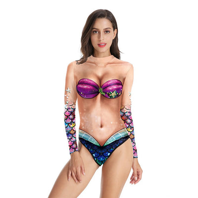Women's long sleeve bodysuit with 3D digital iridescent mermaid scales print and sheer illusion neckline. - Image 3