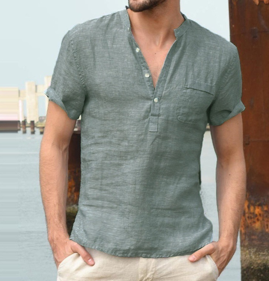 Camisa de Lino Casual para Hombre - Cuello V Playa Verano - Image 14