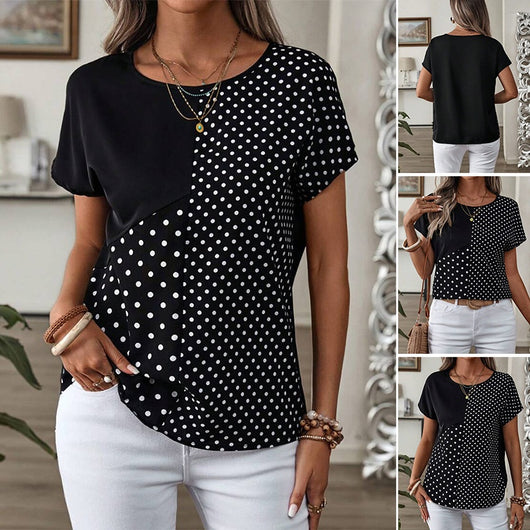 Blusa Estampada de Lunares para Mujer - Cuello Redondo y Manga Corta - Image 22