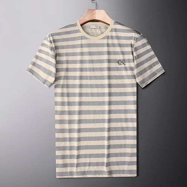 Camisa Slim Fit de Seda de Hielo con Rayas - Manga Corta Hombre