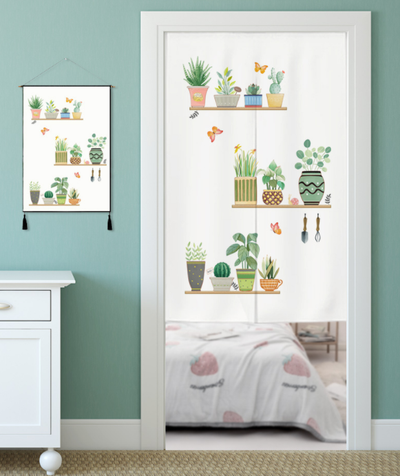 White fabric door curtain with a 'Hello Spring' design featuring a cute rabbit, colorful floral wreath, and mushroom. - Image 6