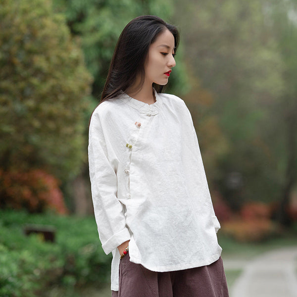 Blusa Retro de Algodón y Lino con Cuello Mao y Abertura Lateral - Otoño Invierno