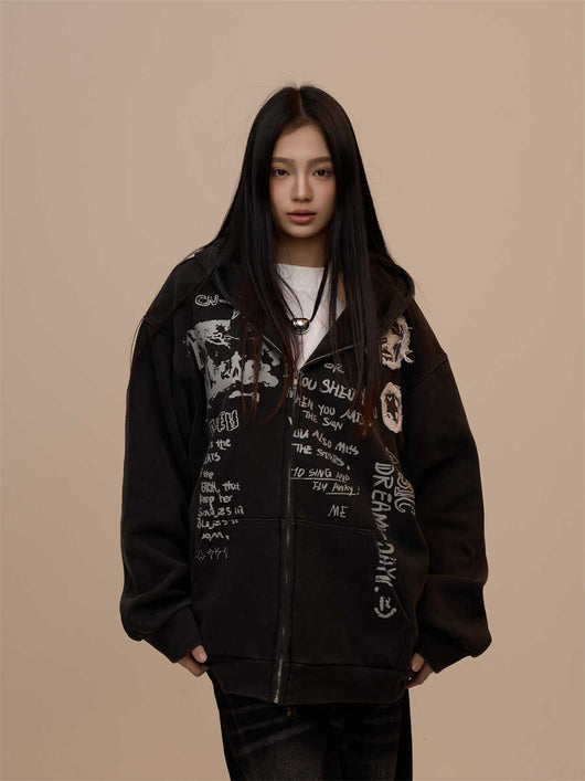 Sudadera Mujer con Capucha y Cierre - Estampado de Letras Negro - Image 4